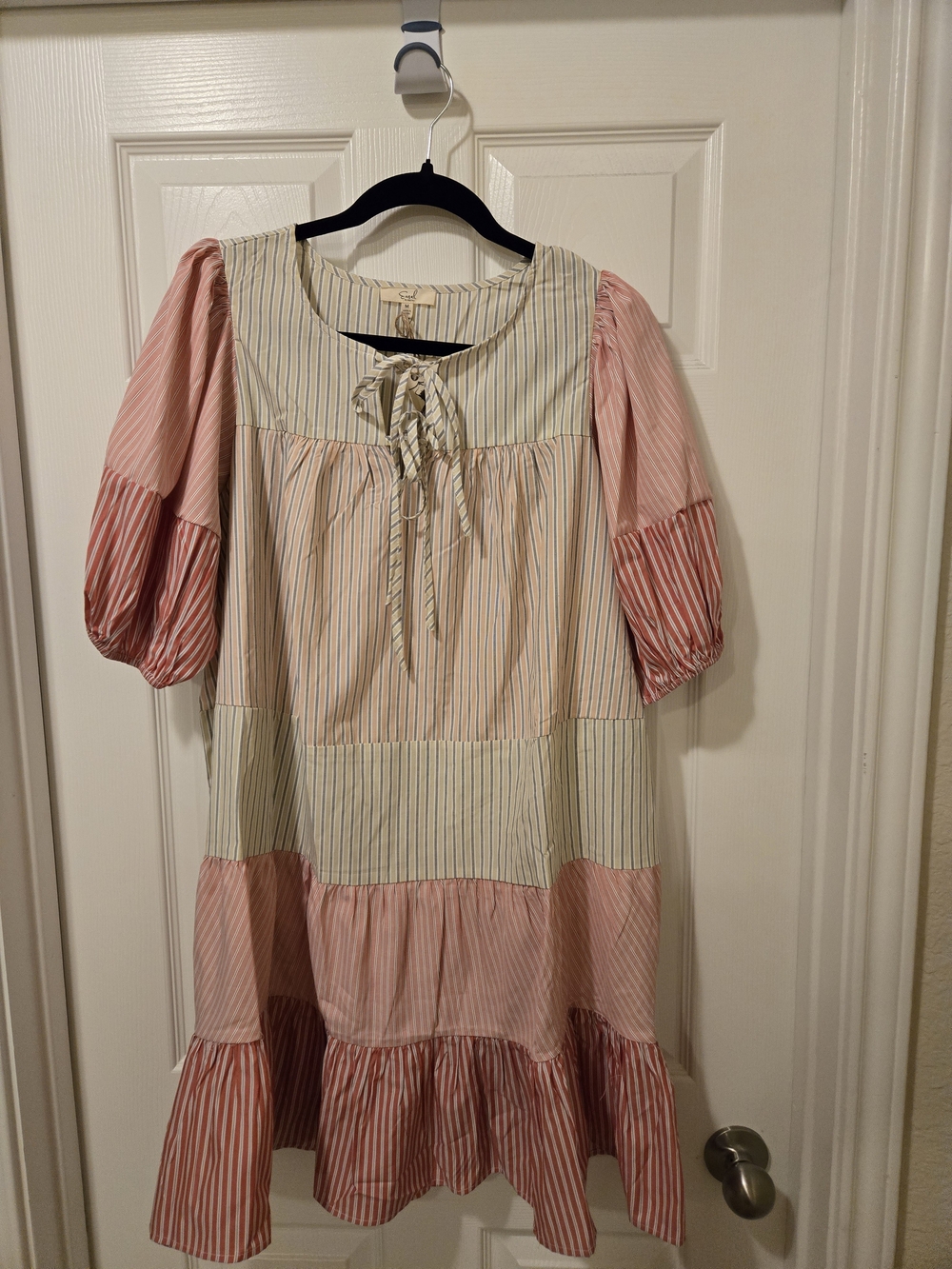 easel Pink and Cream Striped Tiered Mini Dress